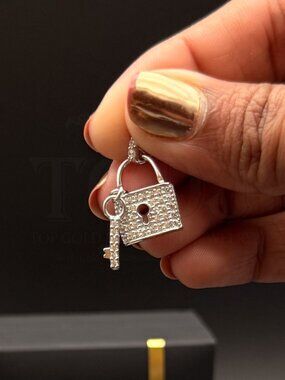 14K White Gold  Cubic Zirconia  Lock Pendant